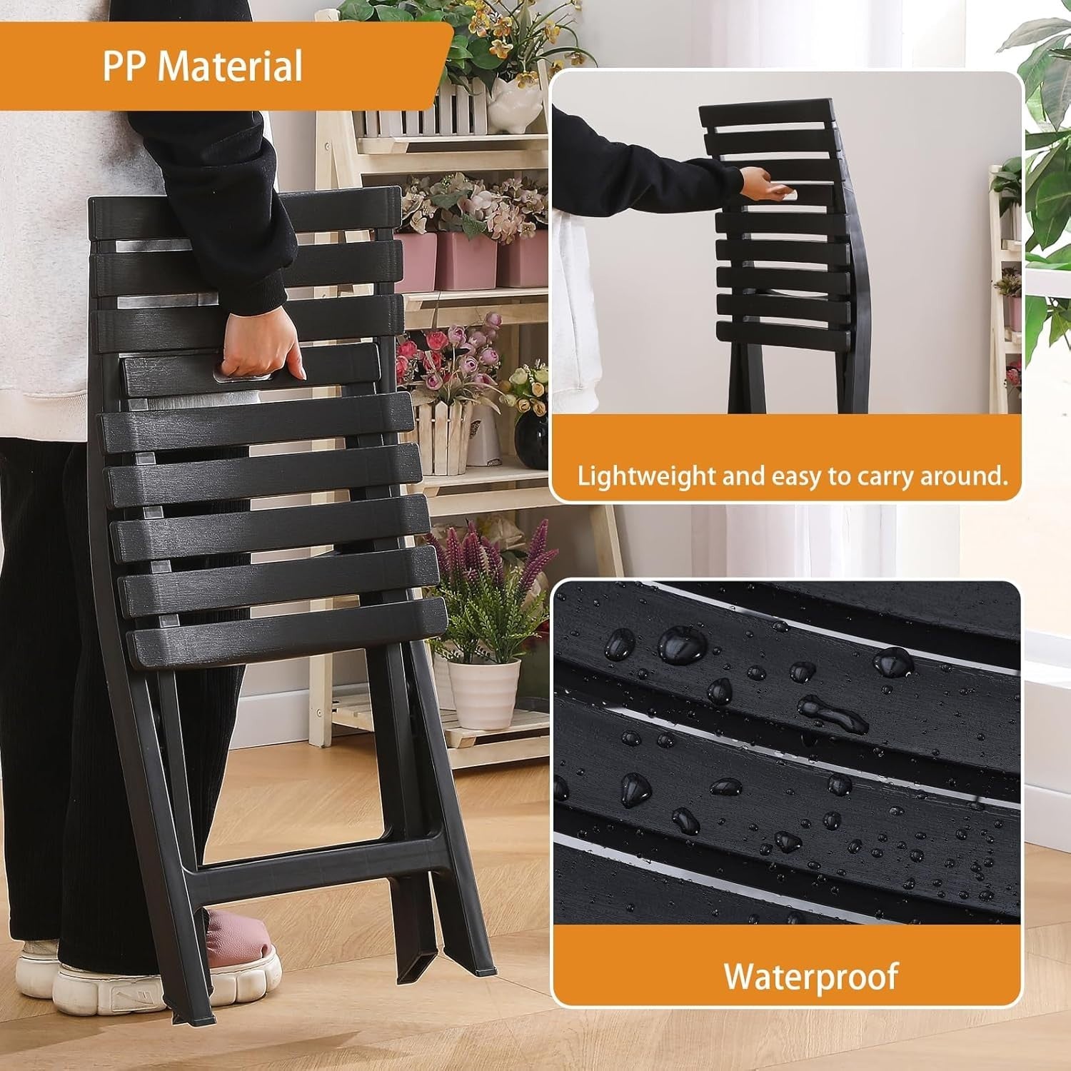 Folding Plastic Chairs Set of 4 Stackable Waterproof Indoor Outdoor Black - Kwikley