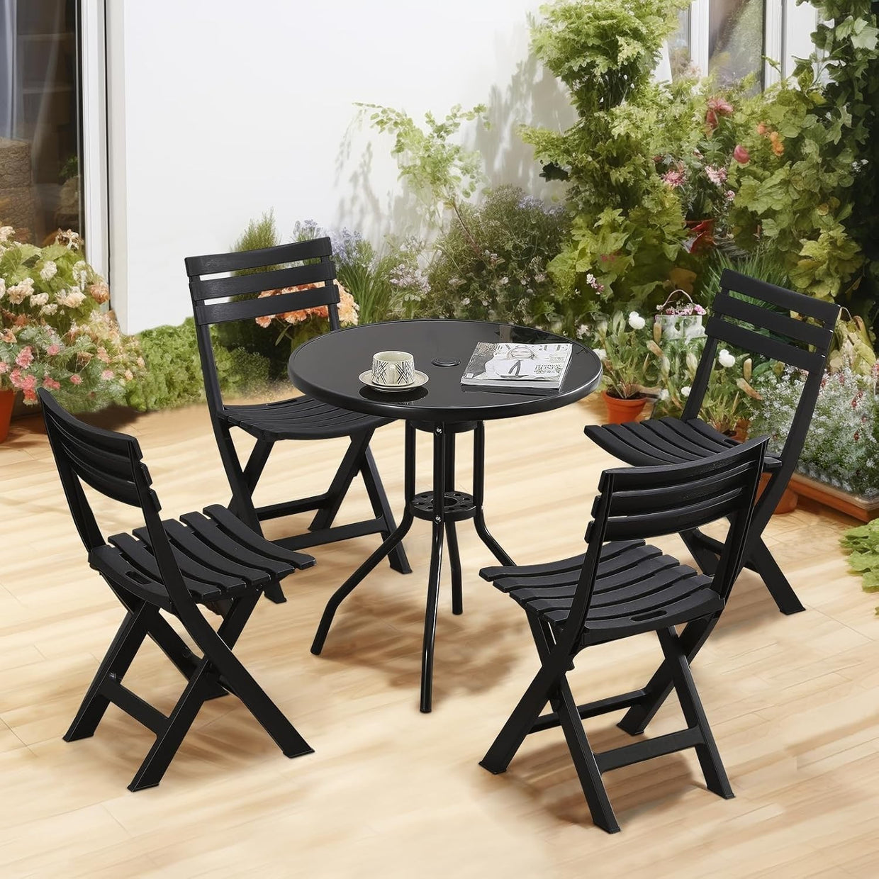 Folding Plastic Chairs Set of 4 Stackable Waterproof Indoor Outdoor Black - Kwikley