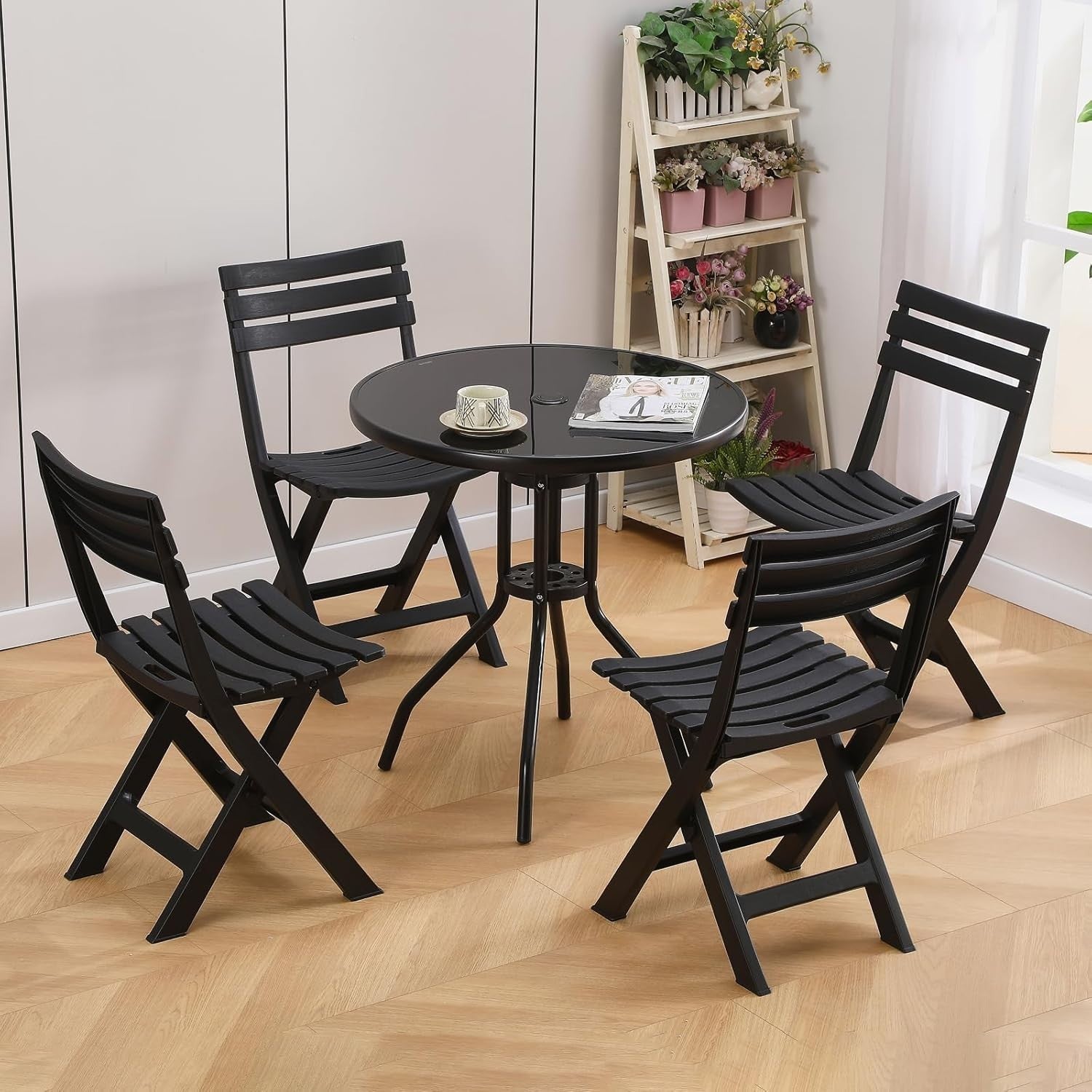 Folding Plastic Chairs Set of 4 Stackable Waterproof Indoor Outdoor Black - Kwikley