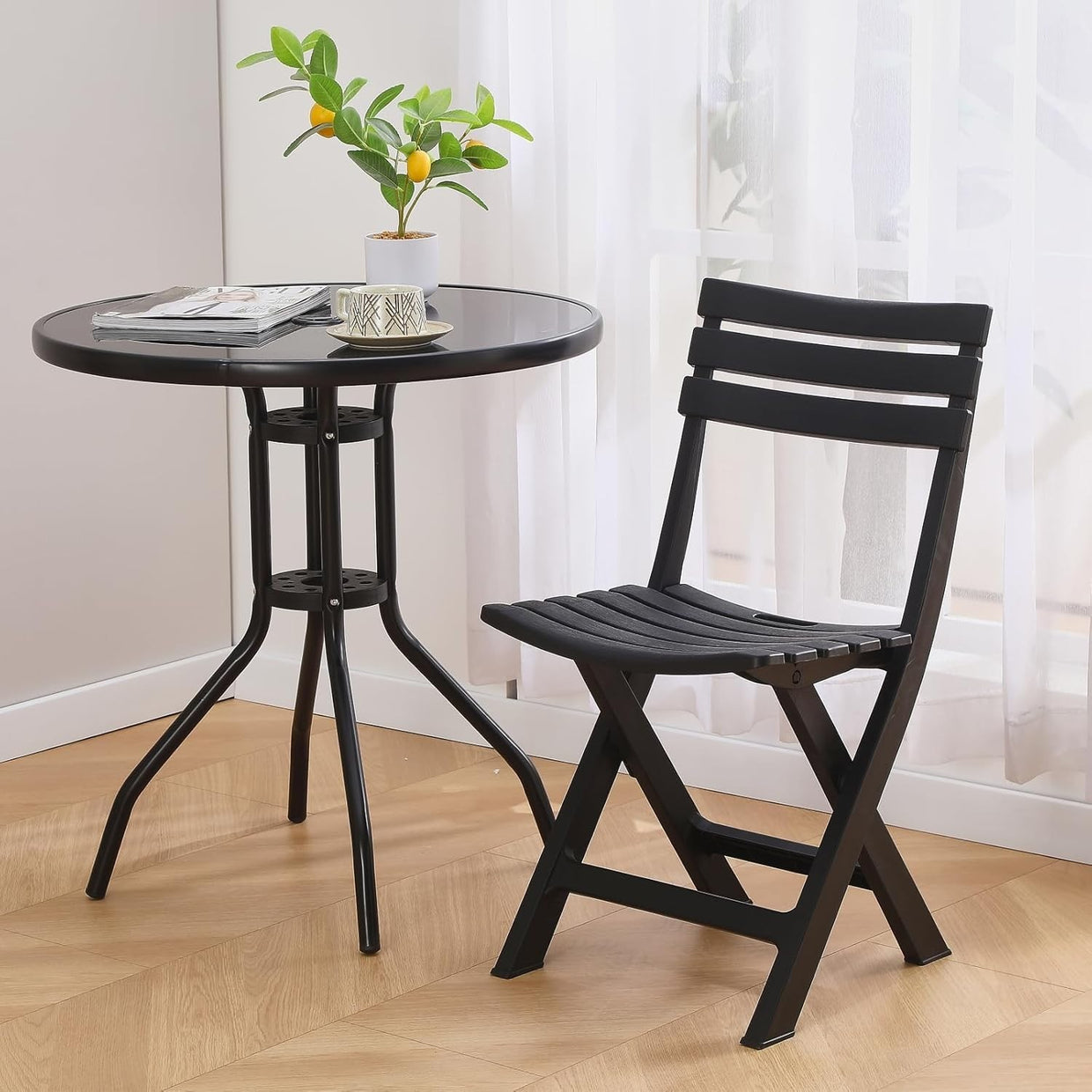 Folding Plastic Chairs Set of 4 Stackable Waterproof Indoor Outdoor Black - Kwikley