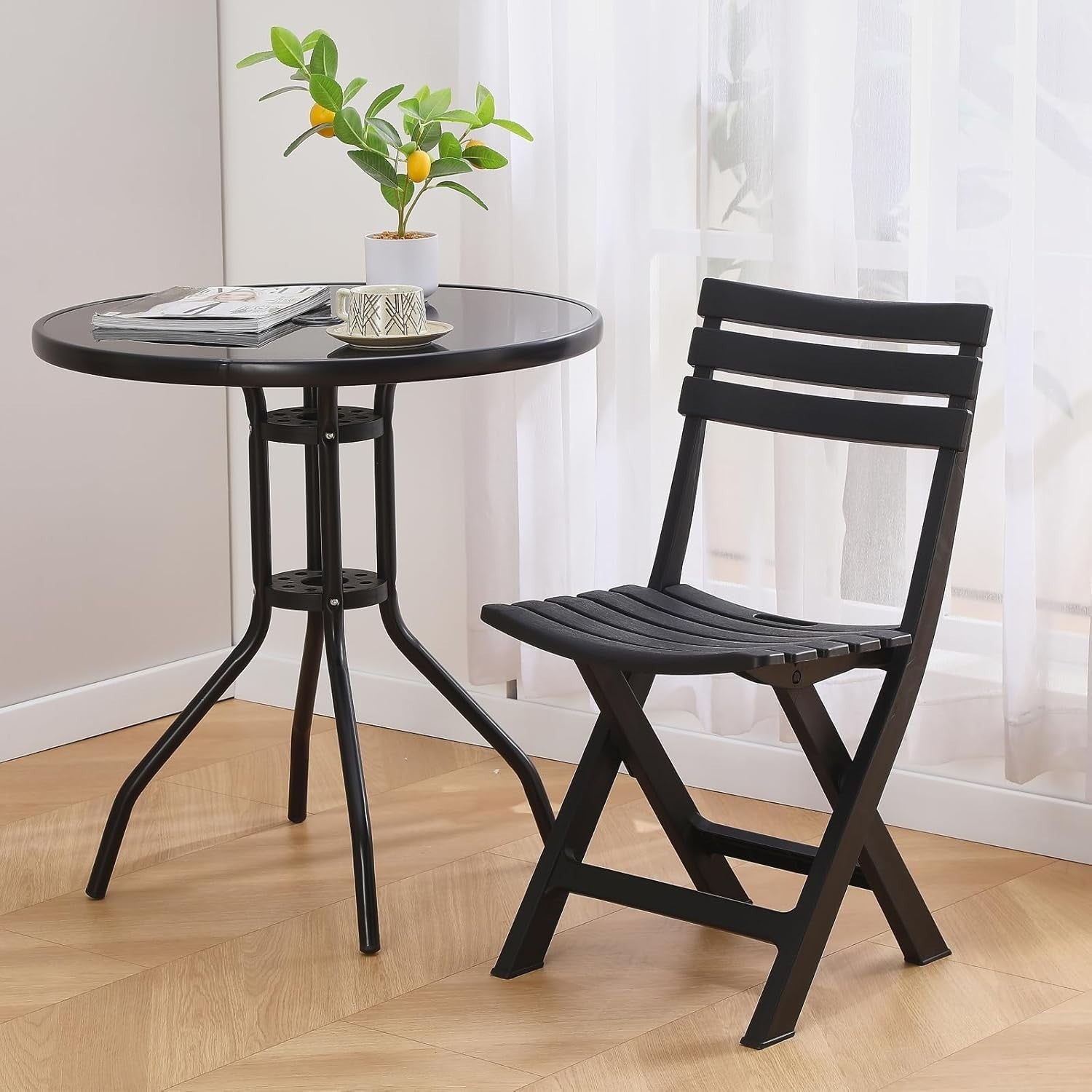 Folding Plastic Chairs Set of 4 Stackable Waterproof Indoor Outdoor Black - Kwikley