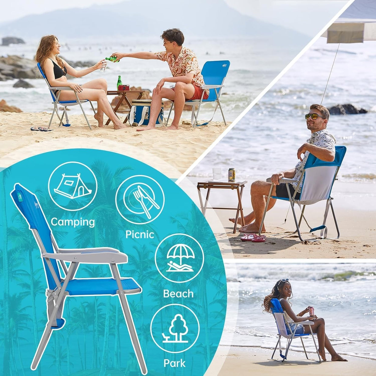 Folding Portable Beach Chairs High Back Camping Garden Chair 2 - Pack Blue - Kwikley