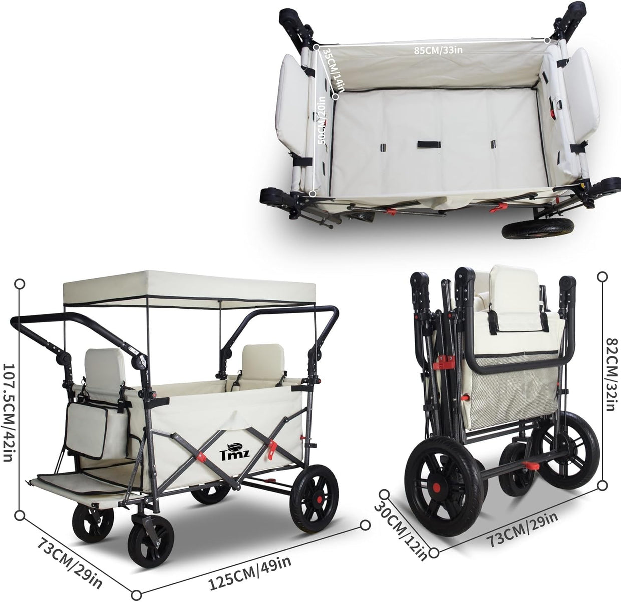 Folding Push Pull Wagon Cart 120kg Capacity w/ Canopy 2 Seats Expandable Front - Kwikley