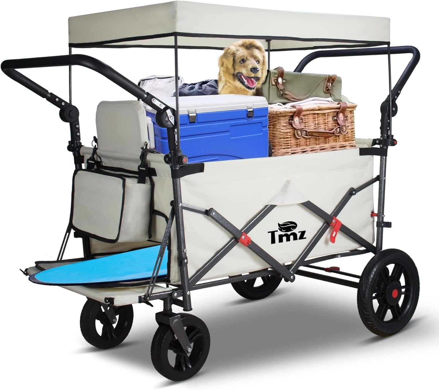 Folding Push Pull Wagon Cart 120kg Capacity w/ Canopy 2 Seats Expandable Front - Kwikley