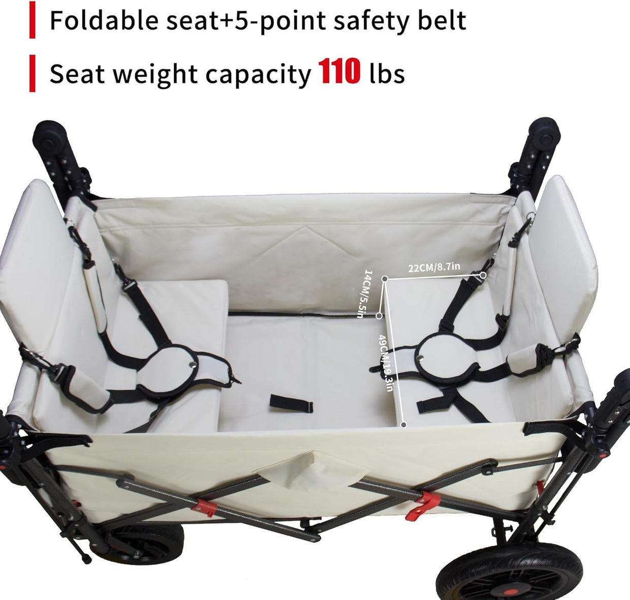 Folding Push Pull Wagon Cart 120kg Capacity w/ Canopy 2 Seats Expandable Front - Kwikley