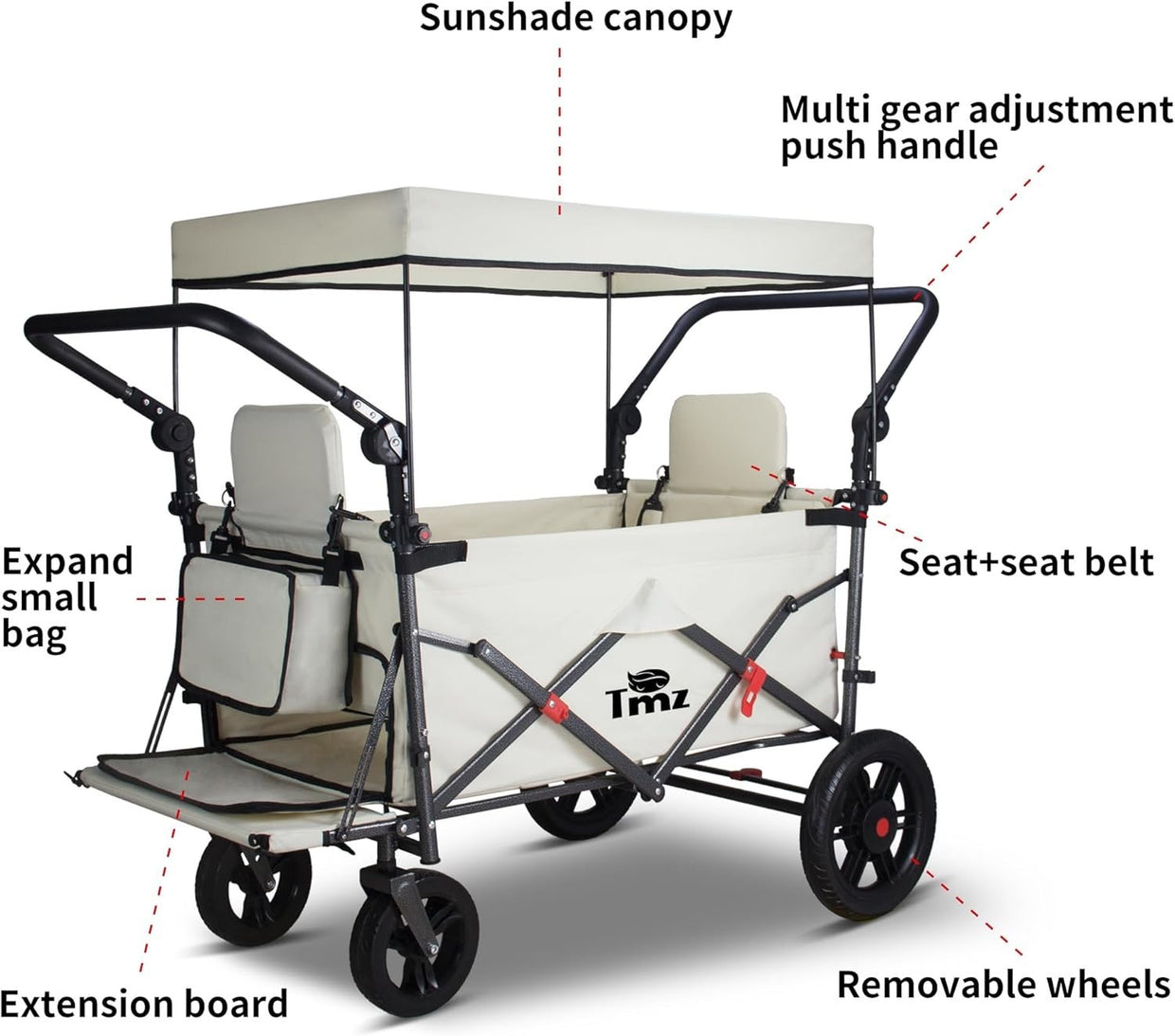 Folding Push Pull Wagon Cart 120kg Capacity w/ Canopy 2 Seats Expandable Front - Kwikley