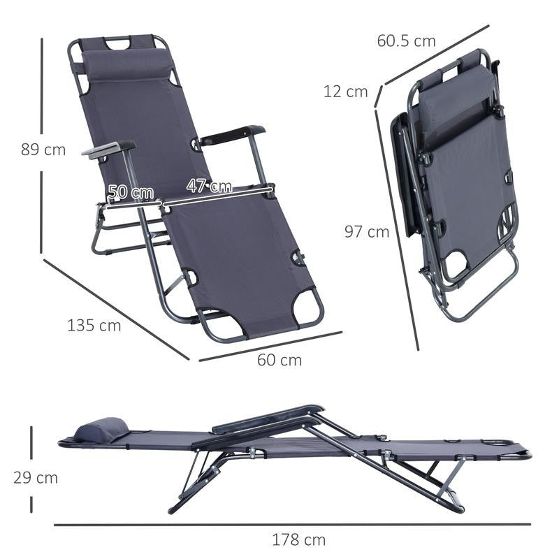 Folding Reclining Sun Lounger Chair Grey, Adjustable Camping Bed Cot - Kwikley