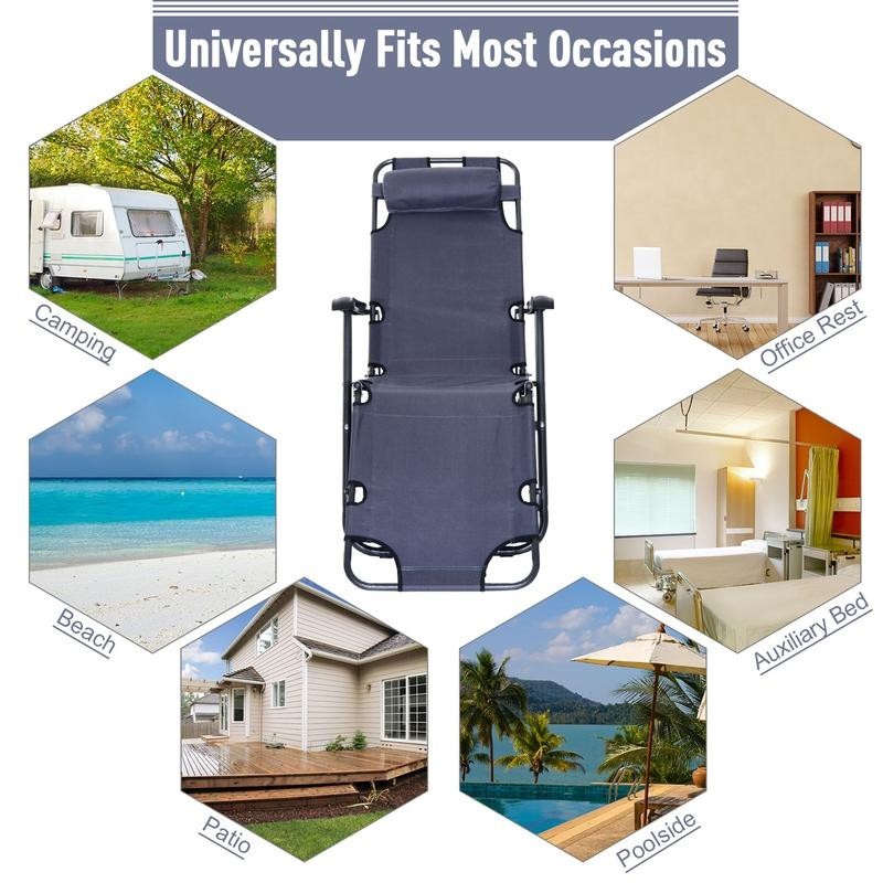 Folding Reclining Sun Lounger Chair Grey, Adjustable Camping Bed Cot - Kwikley