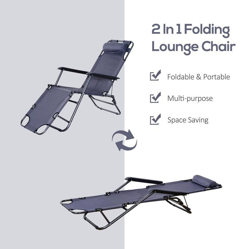 Folding Reclining Sun Lounger Chair Grey, Adjustable Camping Bed Cot - Kwikley