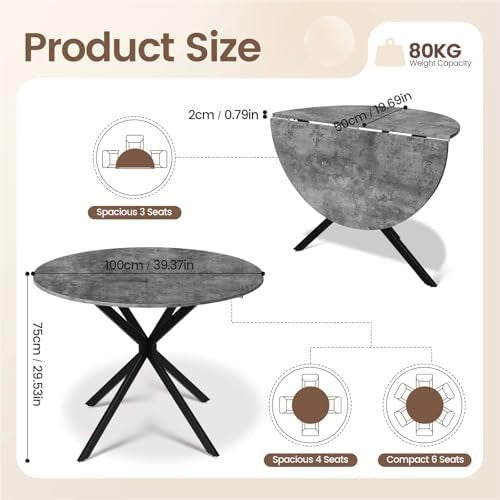 Folding Round Dining Table with 4 PU Leather Chairs Concrete Effect Space - Saving - Kwikley