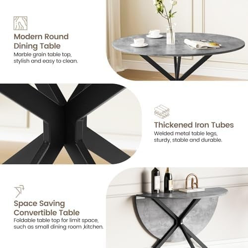 Folding Round Dining Table with 4 PU Leather Chairs Concrete Effect Space - Saving - Kwikley
