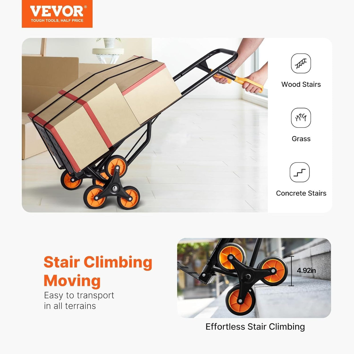 Folding Stair Climbing Cart 440lb Capacity w/ Dual Handles & 6 Wheels - Kwikley