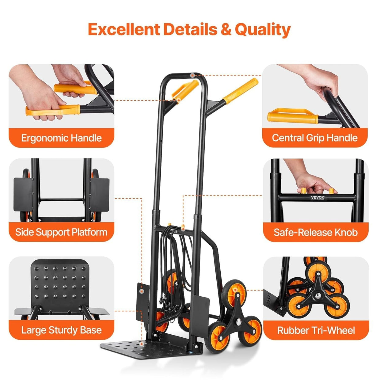Folding Stair Climbing Cart 440lb Capacity w/ Dual Handles & 6 Wheels - Kwikley