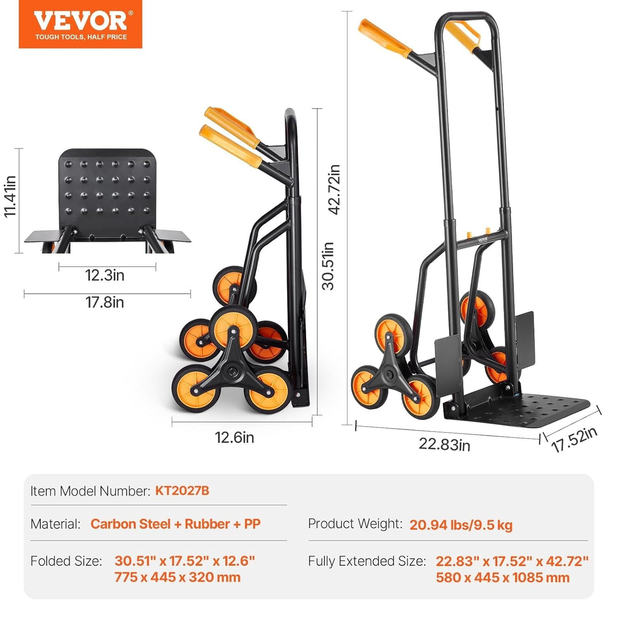 Folding Stair Climbing Cart 440lb Capacity w/ Dual Handles & 6 Wheels - Kwikley