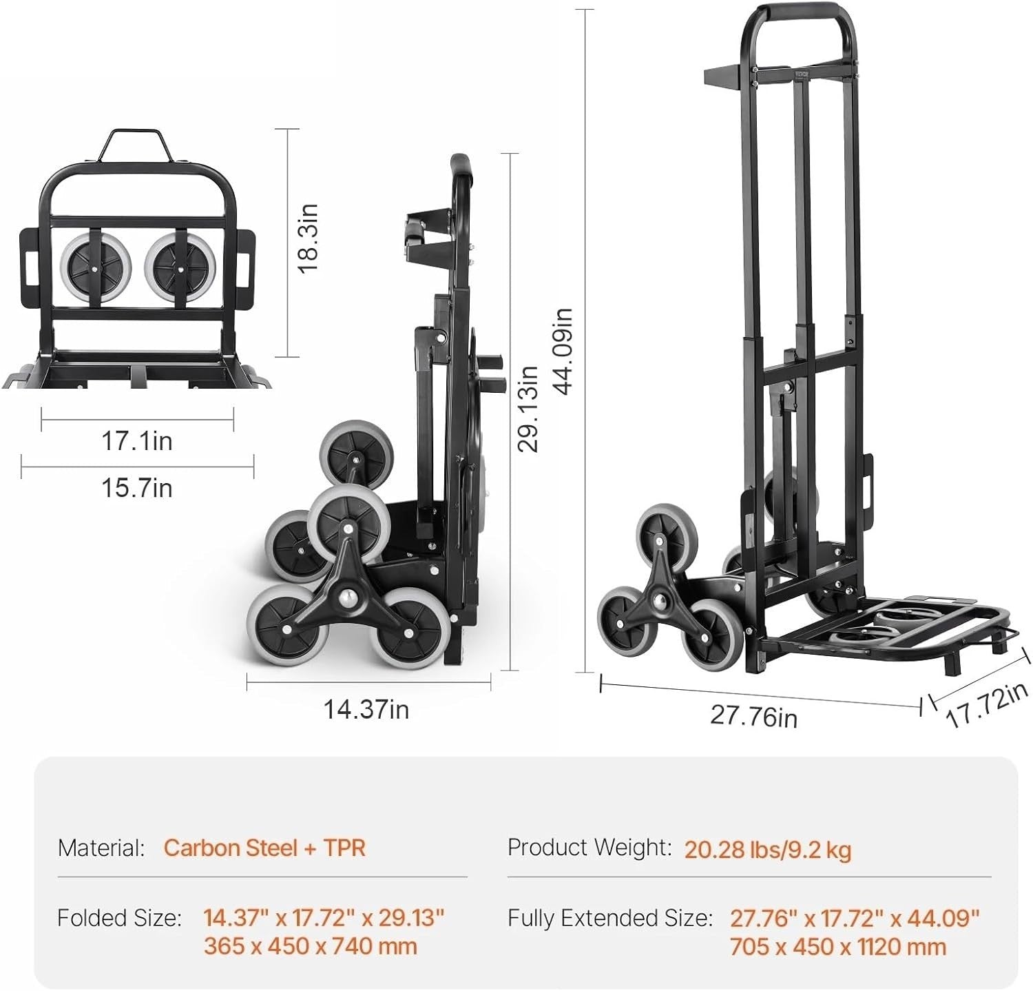 Folding Stair Climbing Hand Truck 460lbs 6 Wheel Dolly w/ Handle & Ropes - Kwikley