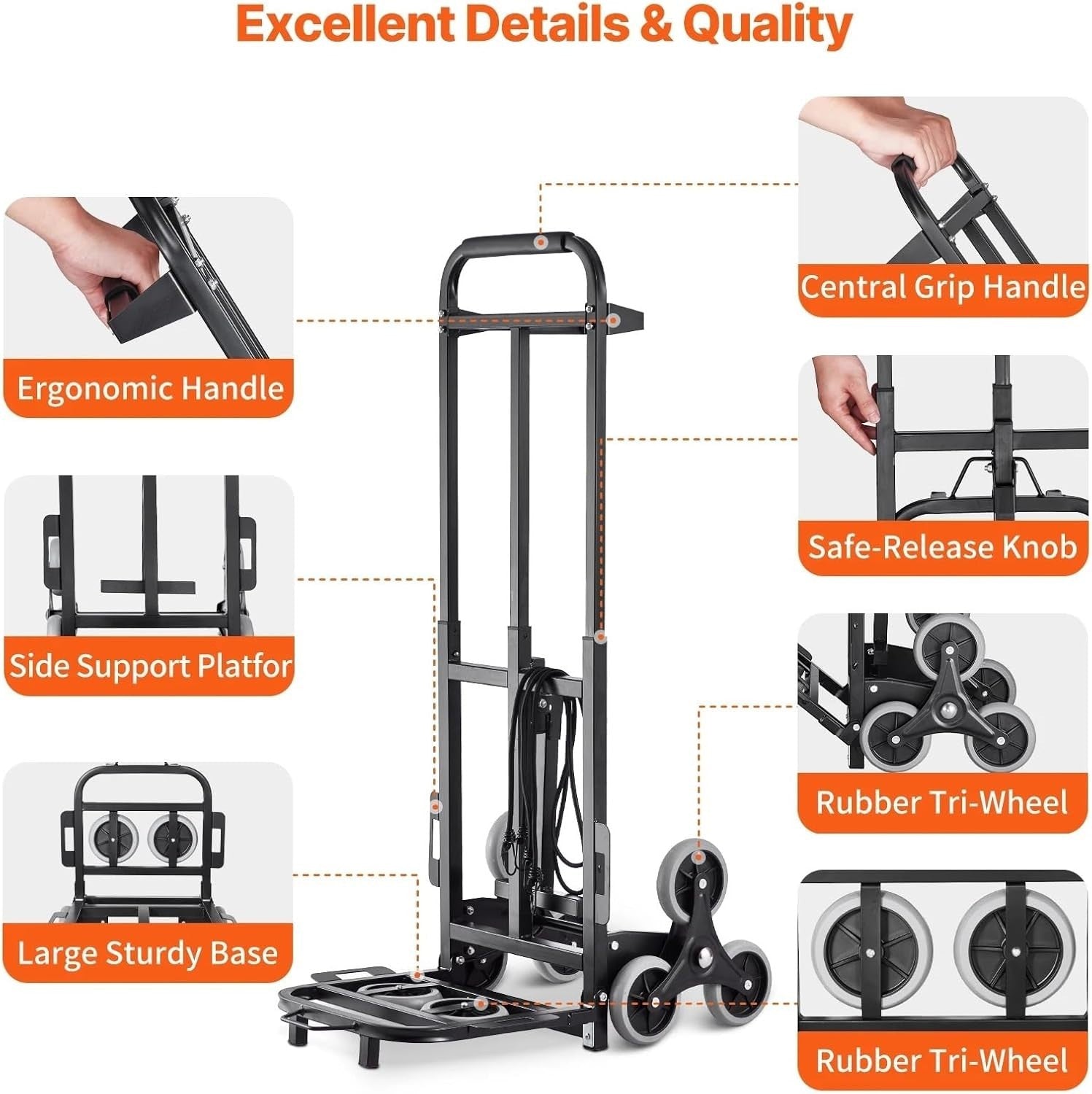 Folding Stair Climbing Hand Truck 460lbs 6 Wheel Dolly w/ Handle & Ropes - Kwikley