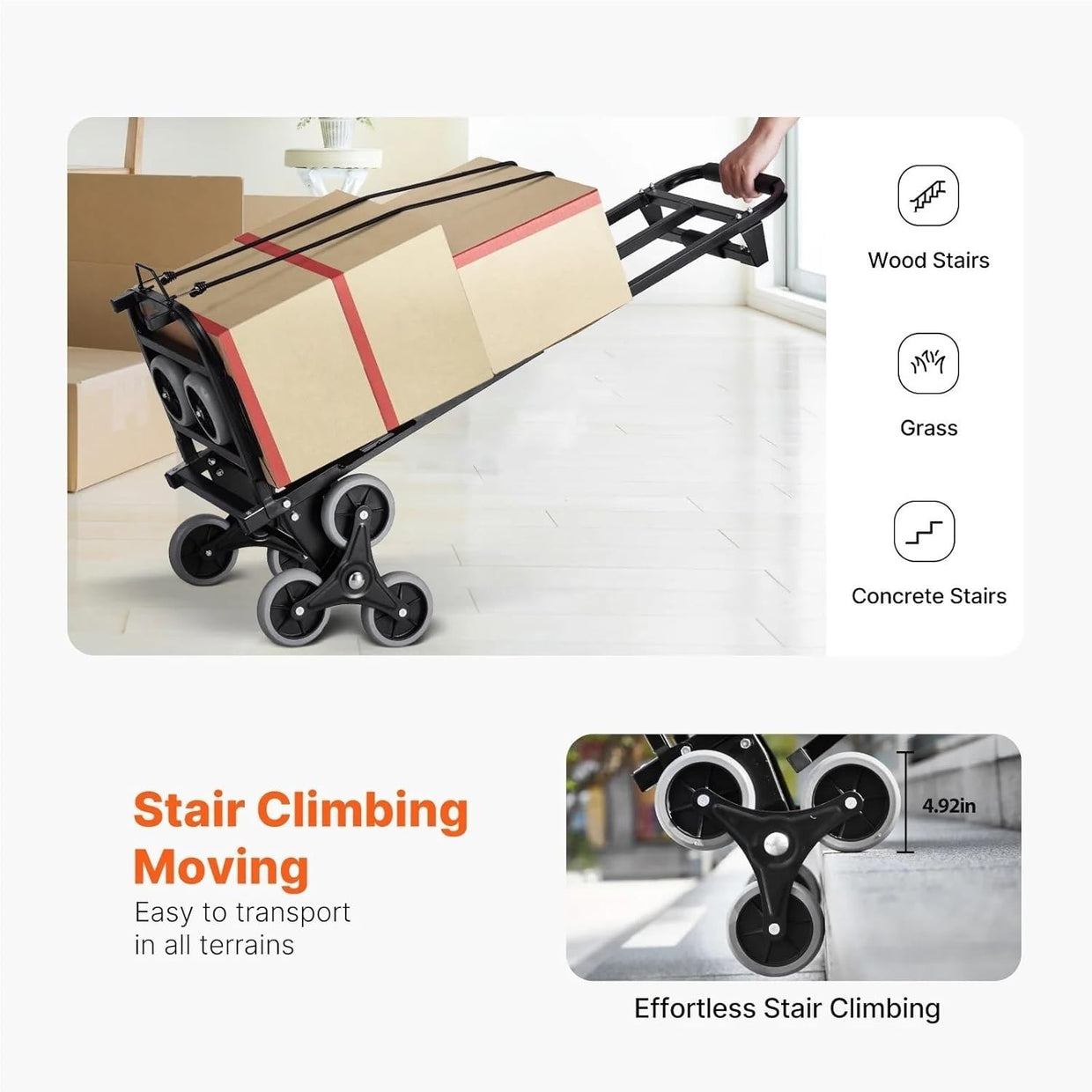 Folding Stair Climbing Hand Truck 460lbs 6 Wheel Dolly w/ Handle & Ropes - Kwikley
