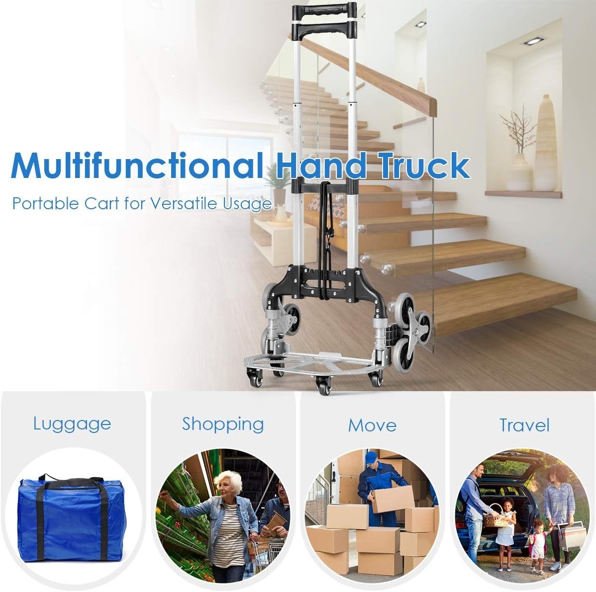 Folding Stair Climbing Hand Truck 80kg 10 Wheel Adjustable Aluminium Trolley - Kwikley