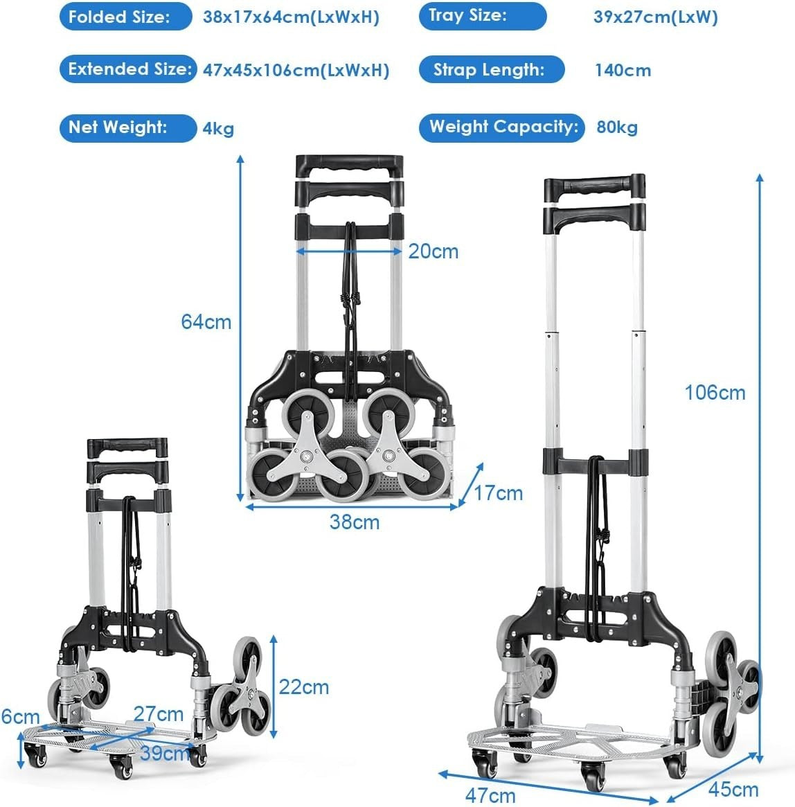 Folding Stair Climbing Hand Truck 80kg 10 Wheel Adjustable Aluminium Trolley - Kwikley