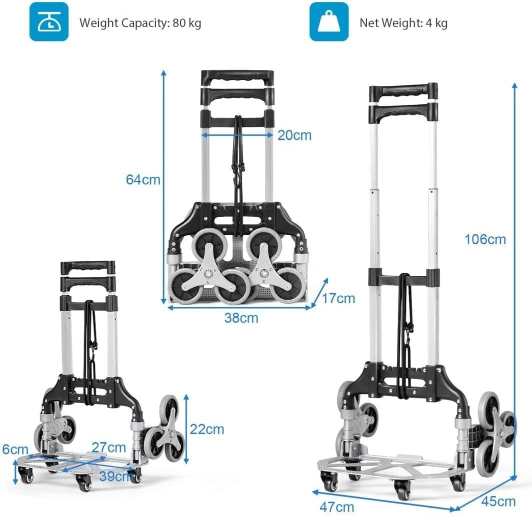 Folding Stair Climbing Hand Truck 80kg 10 Wheel Adjustable Sack Trolley - Kwikley