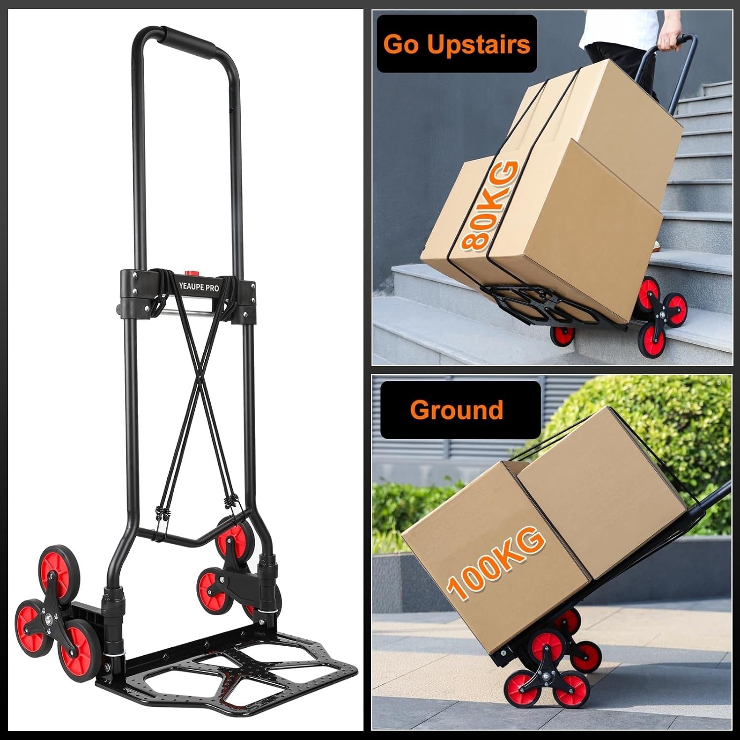 Folding Stair Climbing Sack Truck 100kg Heavy Duty Trolley 110cm Handle - Kwikley