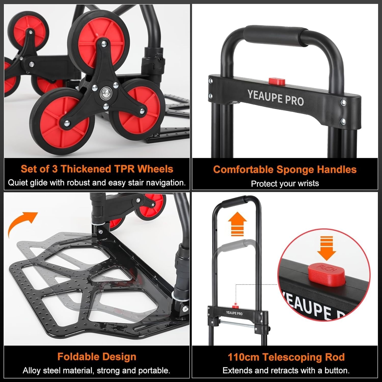 Folding Stair Climbing Sack Truck 100kg Heavy Duty Trolley 110cm Handle - Kwikley