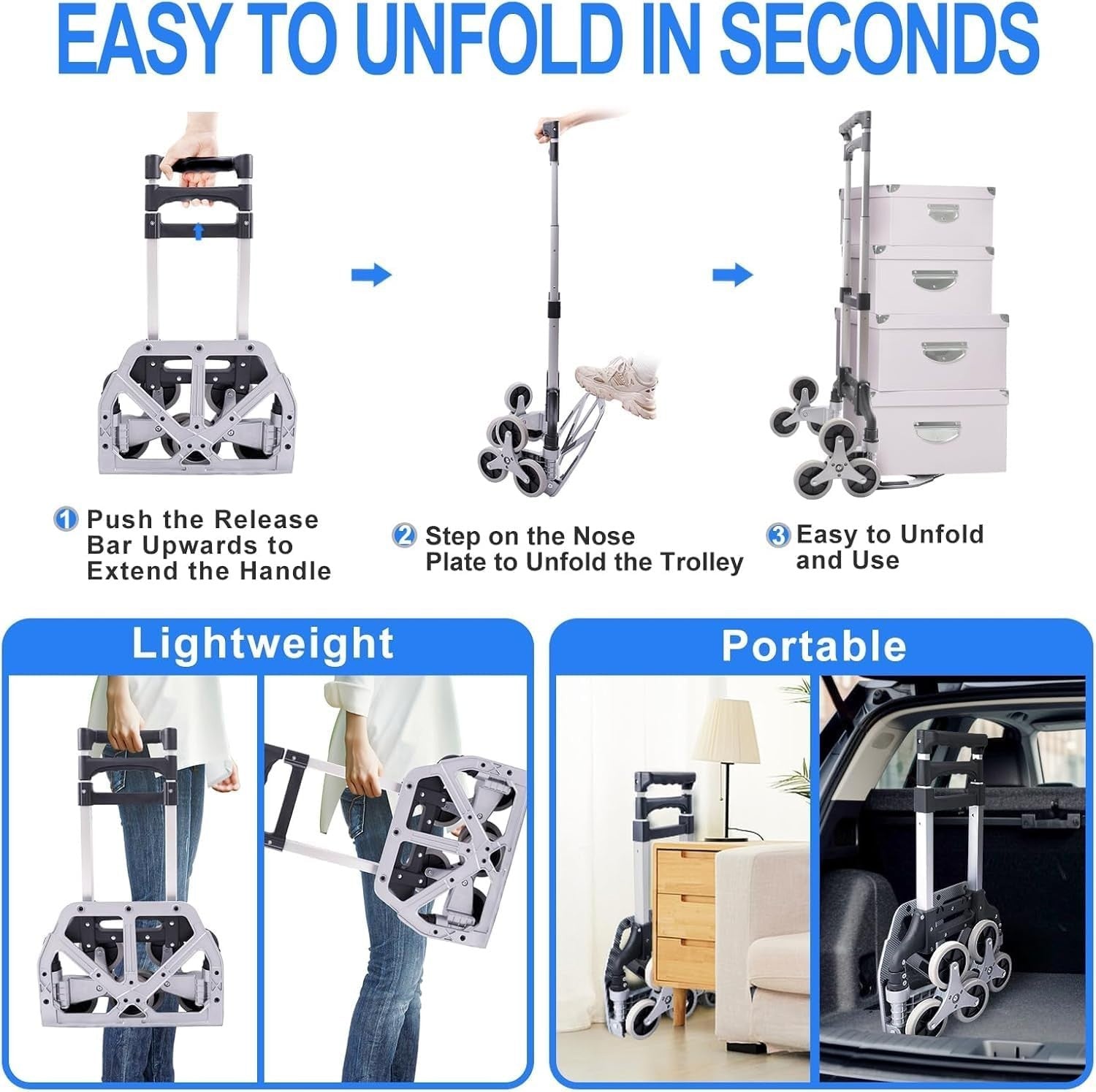 Folding Stair Climbing Sack Truck 125kg 6 Wheel Aluminium Trolley - Kwikley