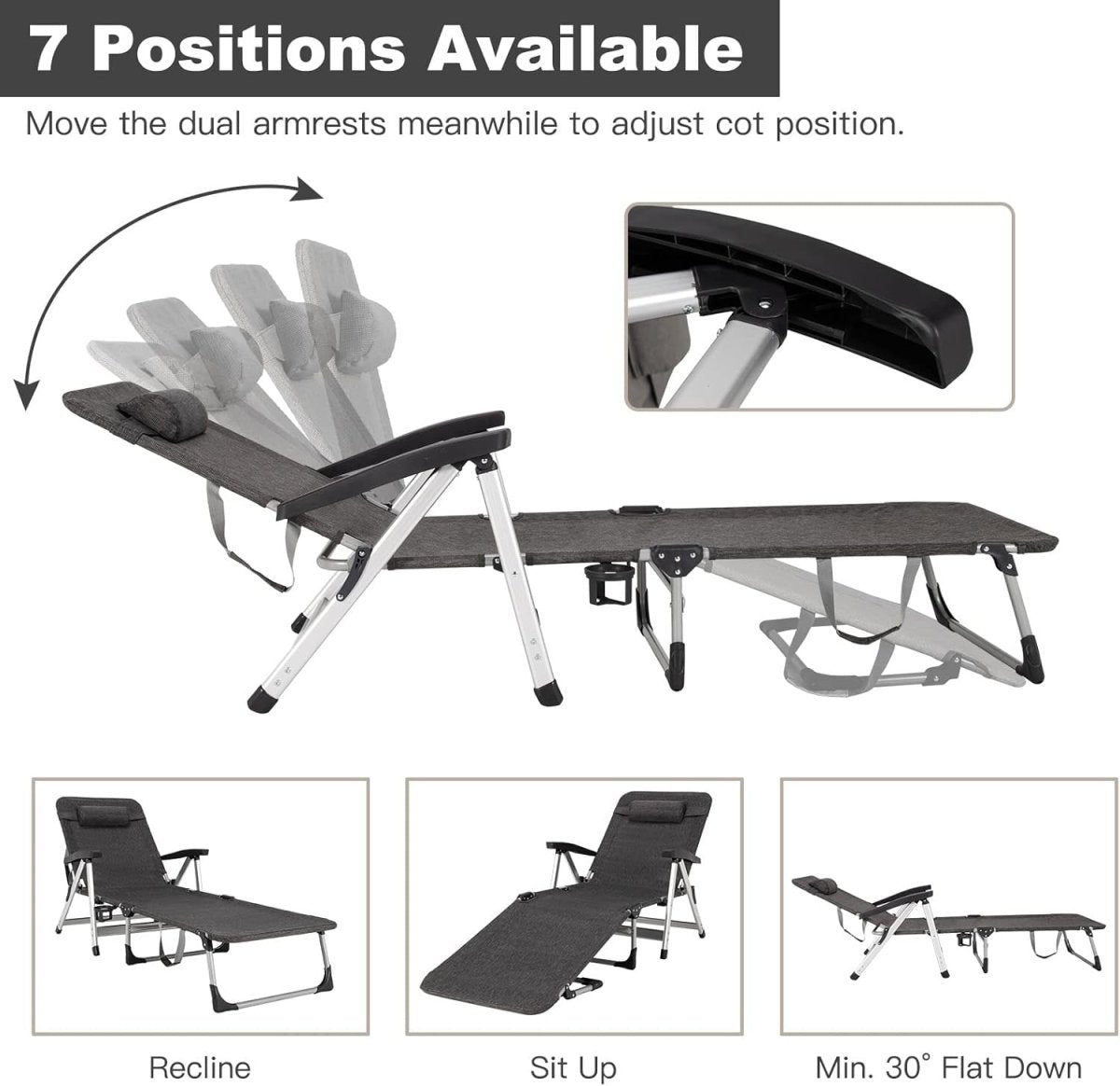 Folding Sun Lounger 7 Position Reclining Chair with Cup Holder Grey - Kwikley