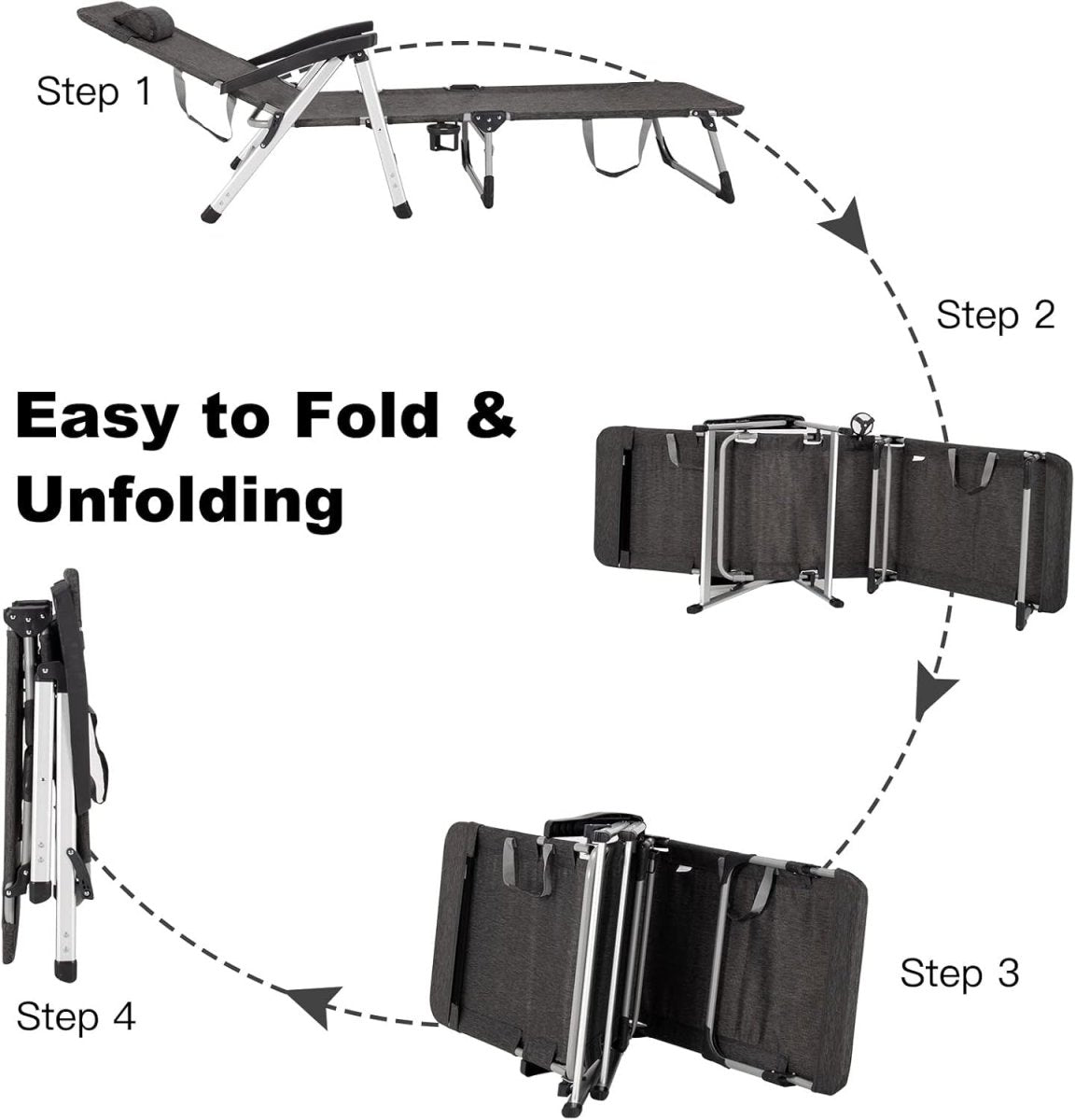 Folding Sun Lounger 7 Position Reclining Chair with Cup Holder Grey - Kwikley