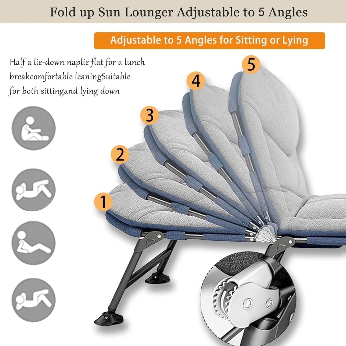 Folding Sun Lounger Recliner Bed 5 - Position Outdoor Chair with Pillow - Kwikley