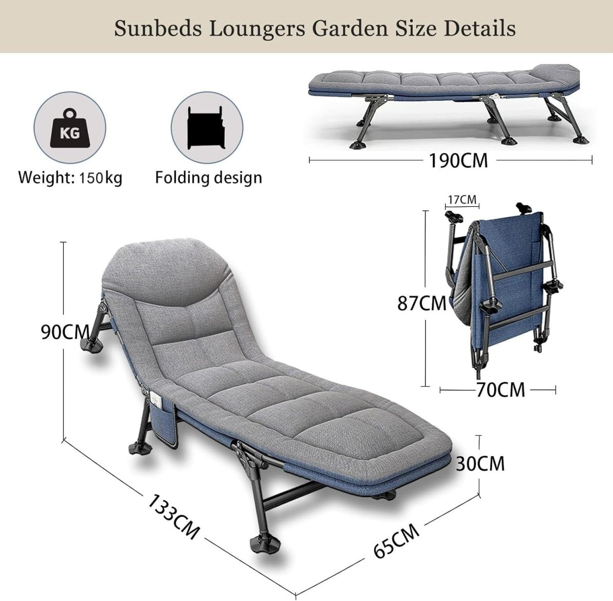 Folding Sun Lounger Recliner Bed 5 - Position Outdoor Chair with Pillow - Kwikley