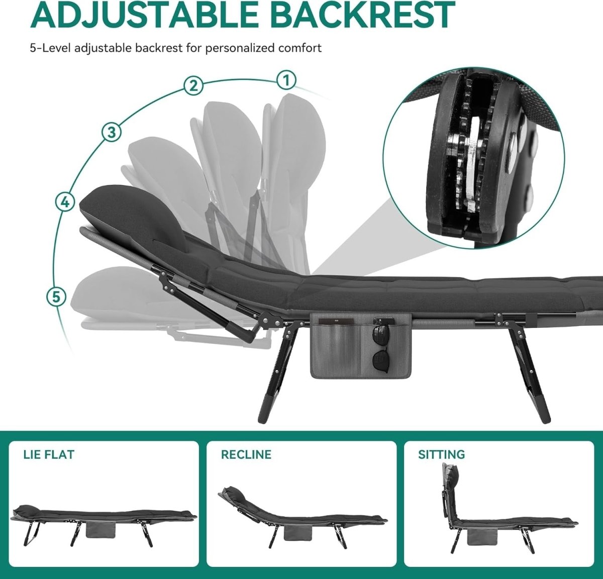 Folding Sun Lounger with Cushion Adjustable Portable Black 200cm - Kwikley