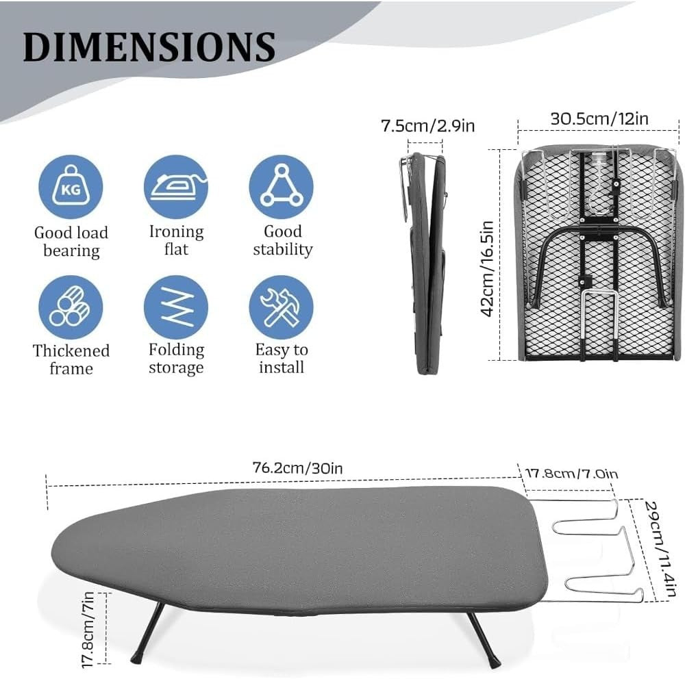 Folding Tabletop Ironing Board 81x31cm Compact with Iron Rest Non Slip - Kwikley