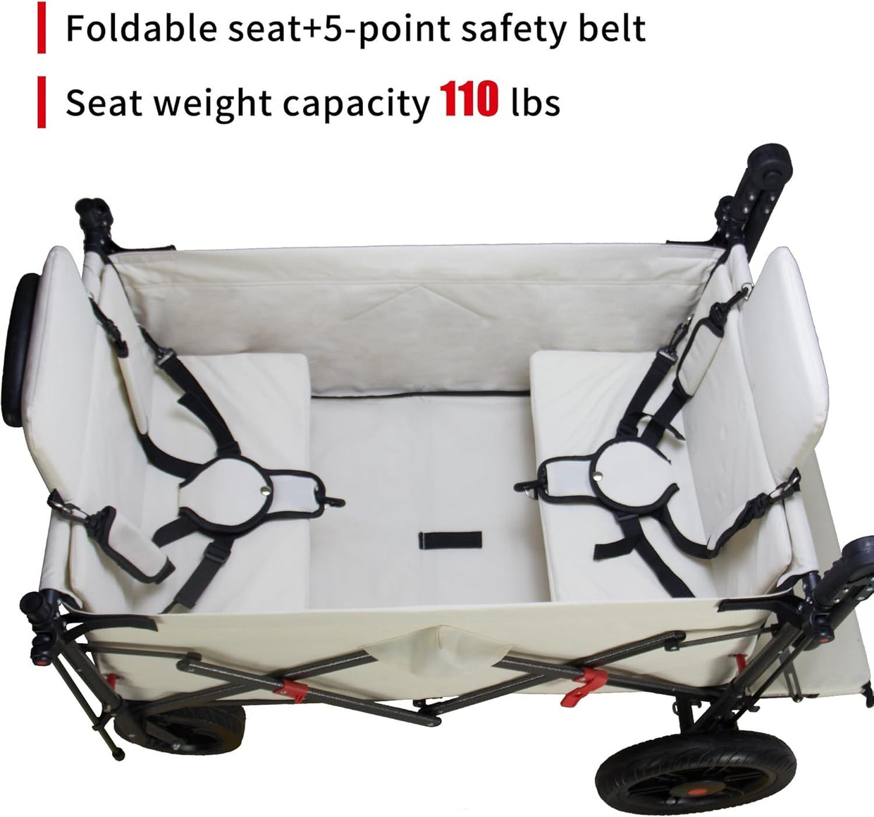 Folding Wagon Trolley Beige 120kg Load w/ Canopy 2 Seats Brake Expandable - Kwikley