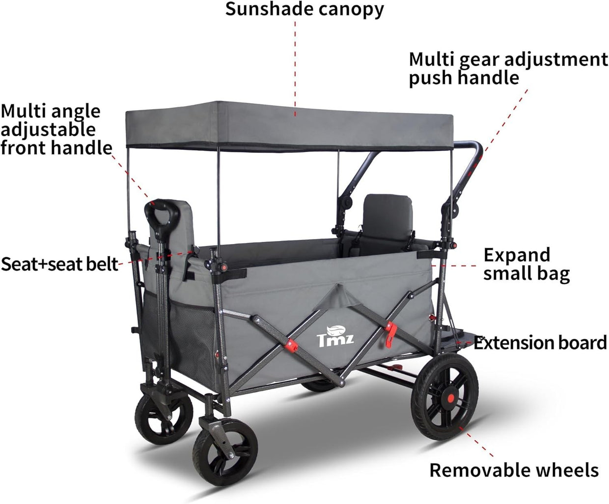 Folding Wagon w/ 2 Seats Canopy 120kg Load Garden Cart Brake Large Storage Grey - Kwikley