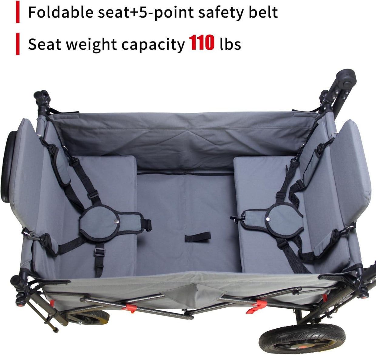 Folding Wagon w/ 2 Seats Canopy 120kg Load Garden Cart Brake Large Storage Grey - Kwikley