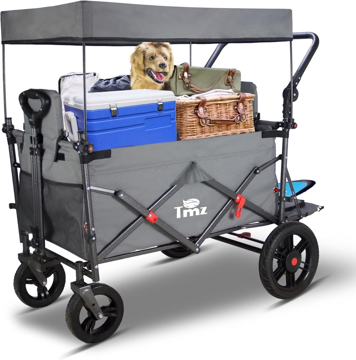 Folding Wagon w/ 2 Seats Canopy 120kg Load Garden Cart Brake Large Storage Grey - Kwikley