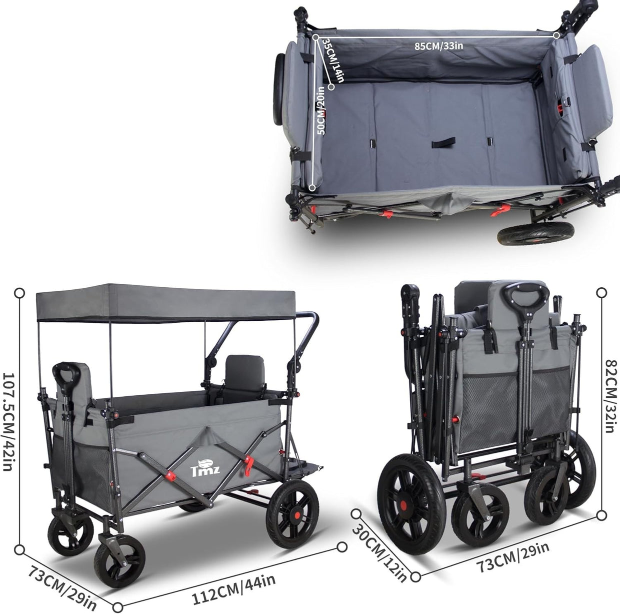 Folding Wagon w/ 2 Seats Canopy 120kg Load Garden Cart Brake Large Storage Grey - Kwikley