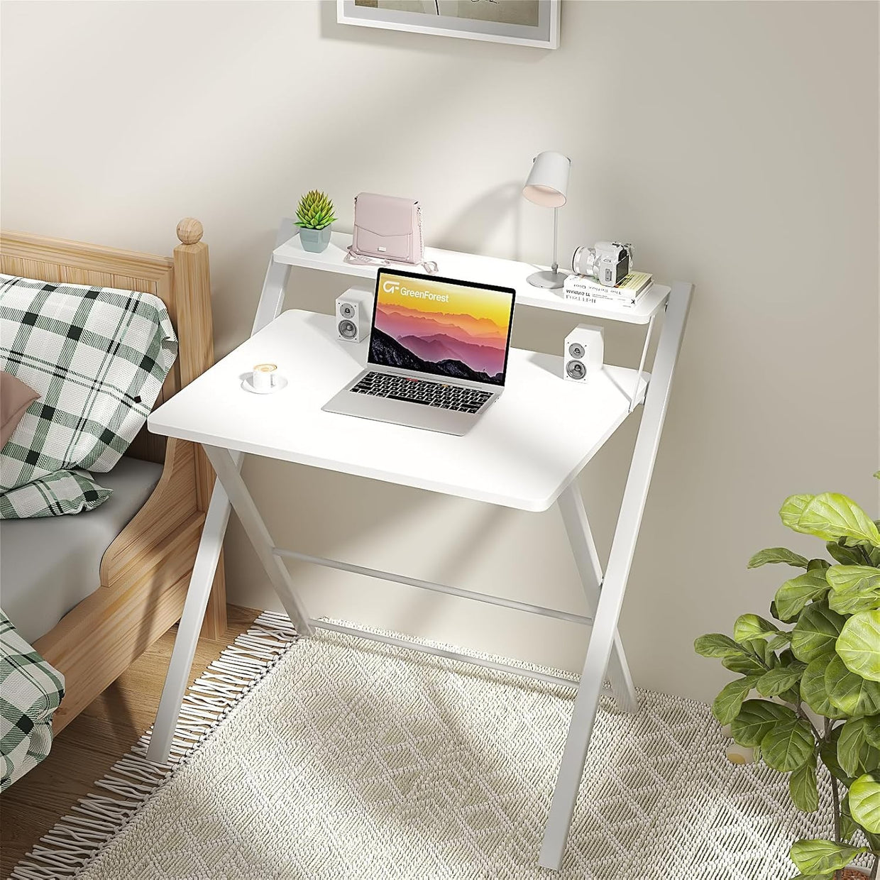 Folding White Computer Desk w/Shelf No Assembly Small Work Study Desk - Kwikley