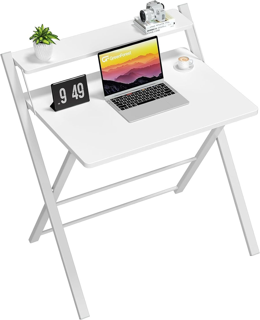 Folding White Computer Desk w/Shelf No Assembly Small Work Study Desk - Kwikley