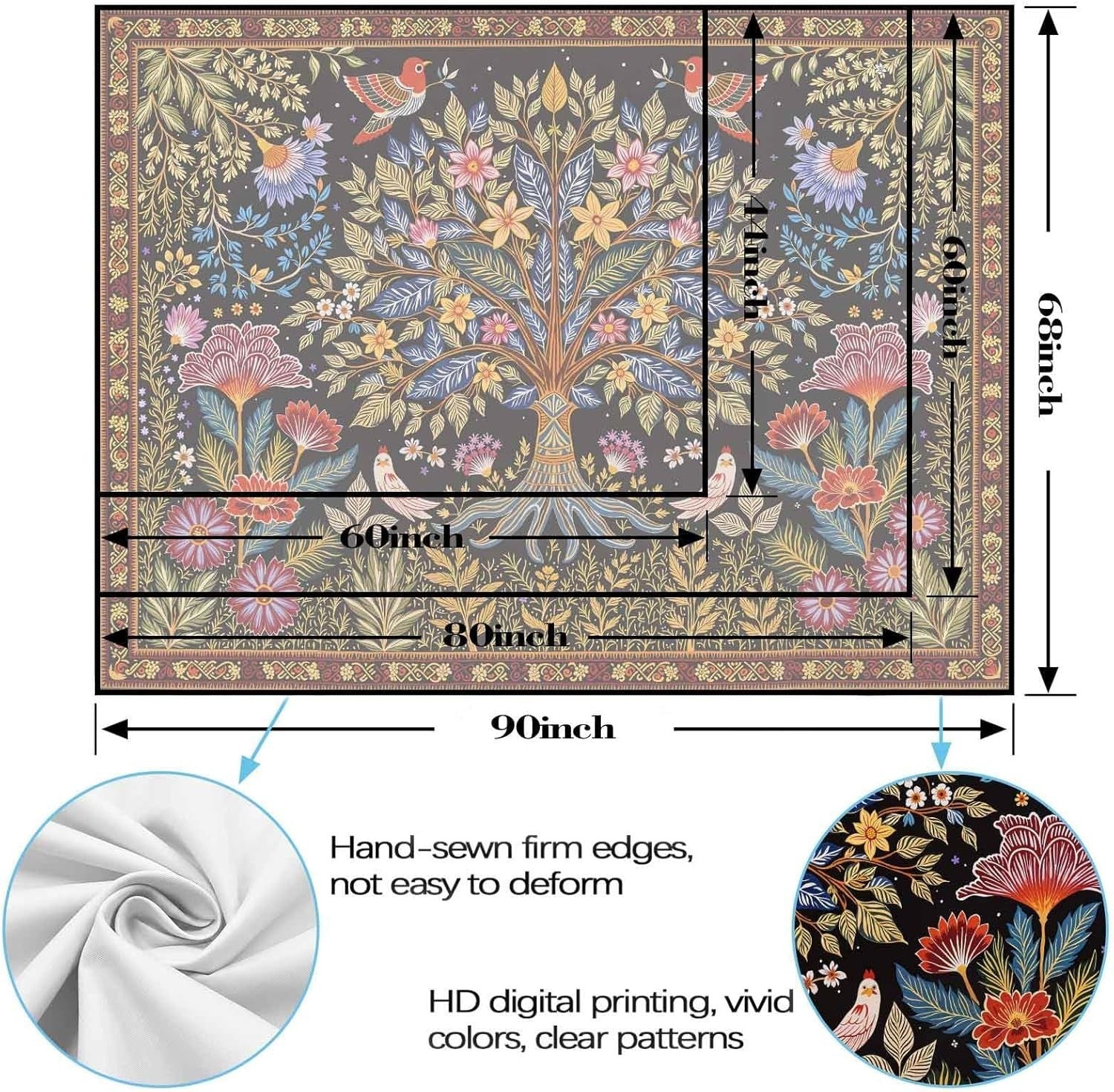 Folk Art Tree of Life Tapestry Birds & Foliage Boho 80x60 - Kwikley