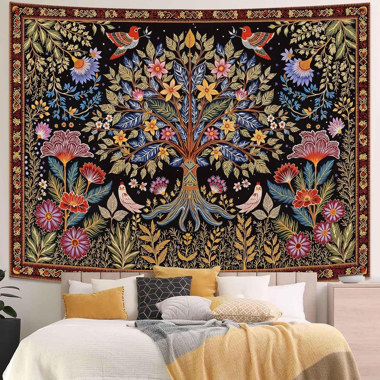 Folk Art Tree of Life Tapestry Birds & Foliage Boho 80x60 - Kwikley