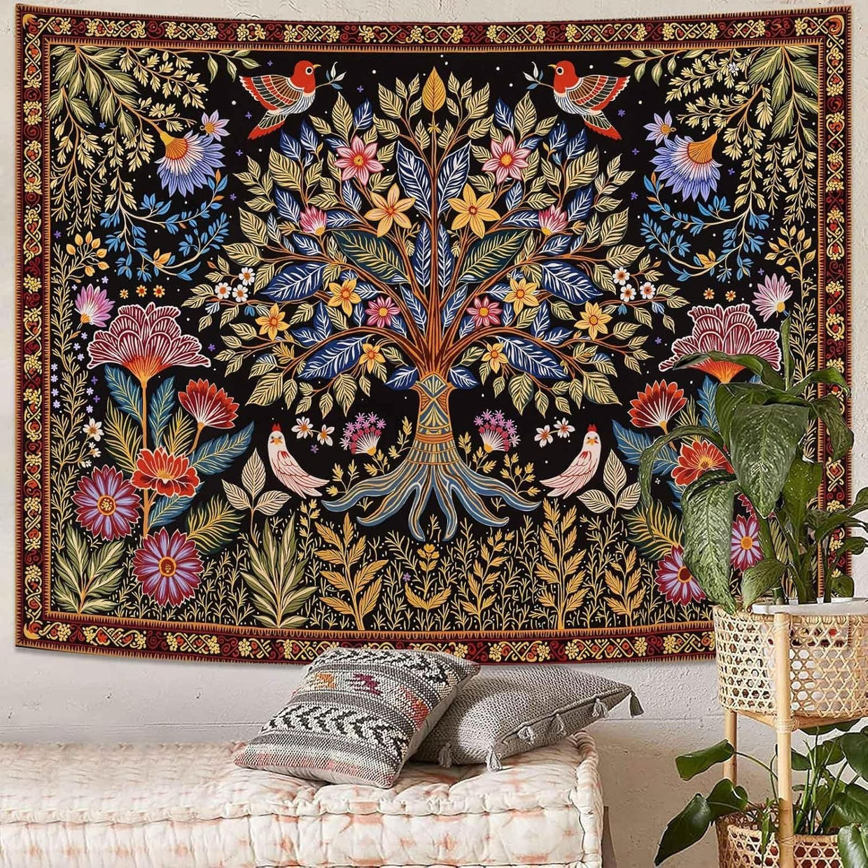 Folk Art Tree of Life Tapestry Birds & Foliage Boho 80x60 - Kwikley
