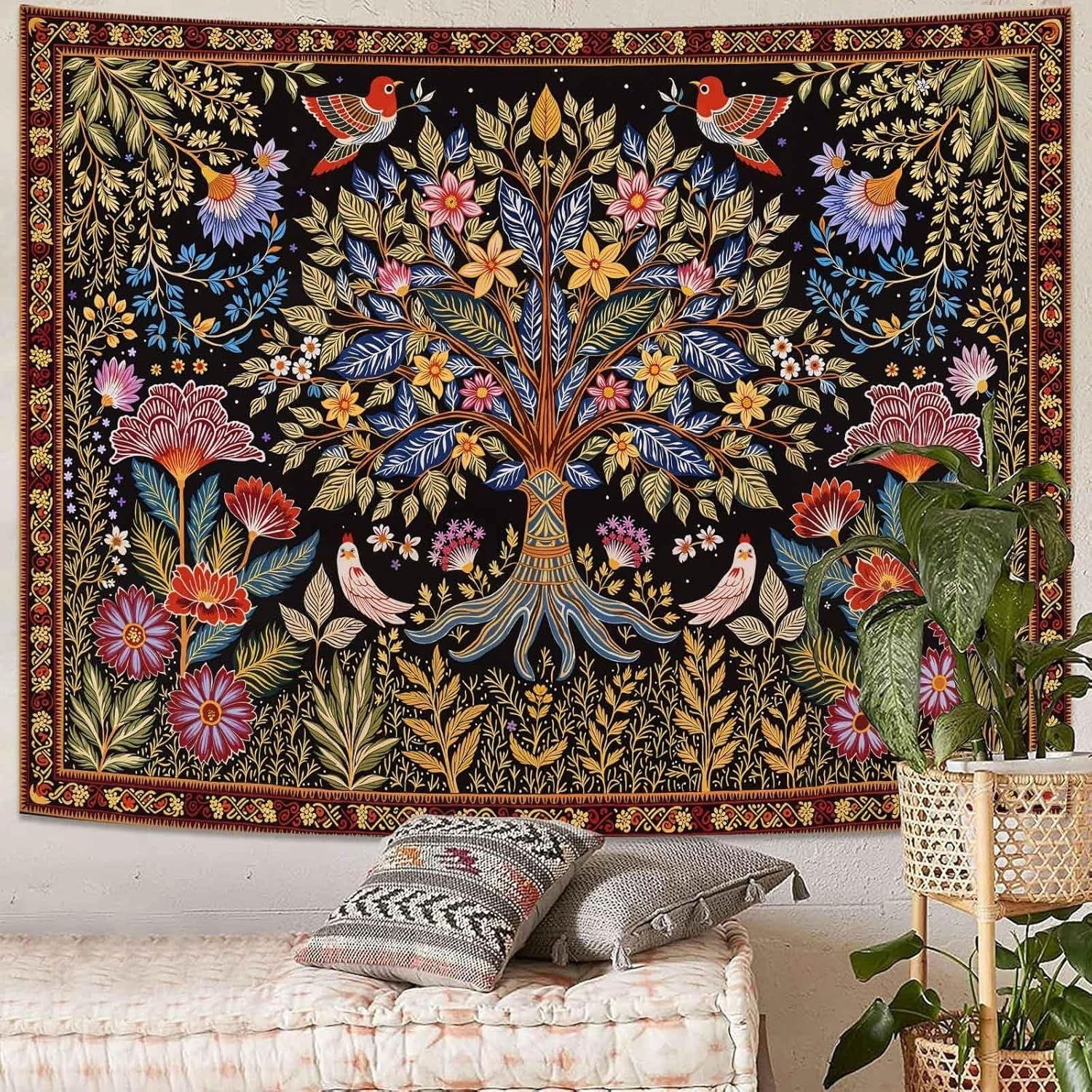 Folk Art Tree of Life Tapestry Birds & Foliage Boho 80x60 - Kwikley