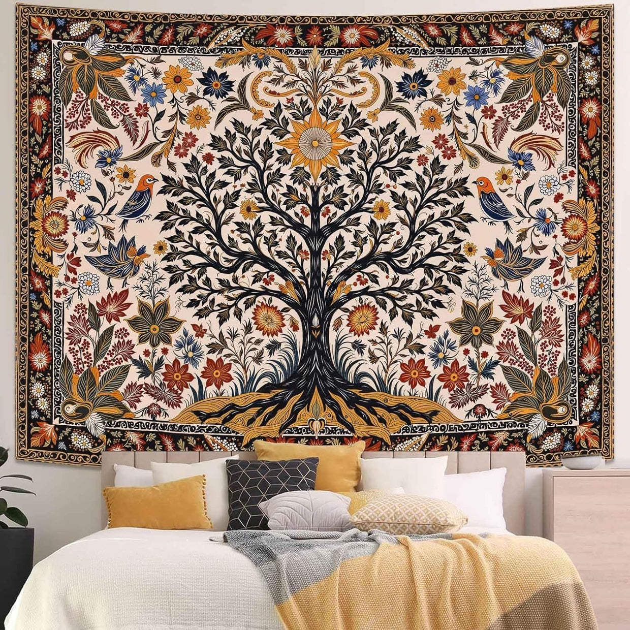 Folk Art Tree of Life Tapestry Sun & Birds Boho 80x60 - Kwikley