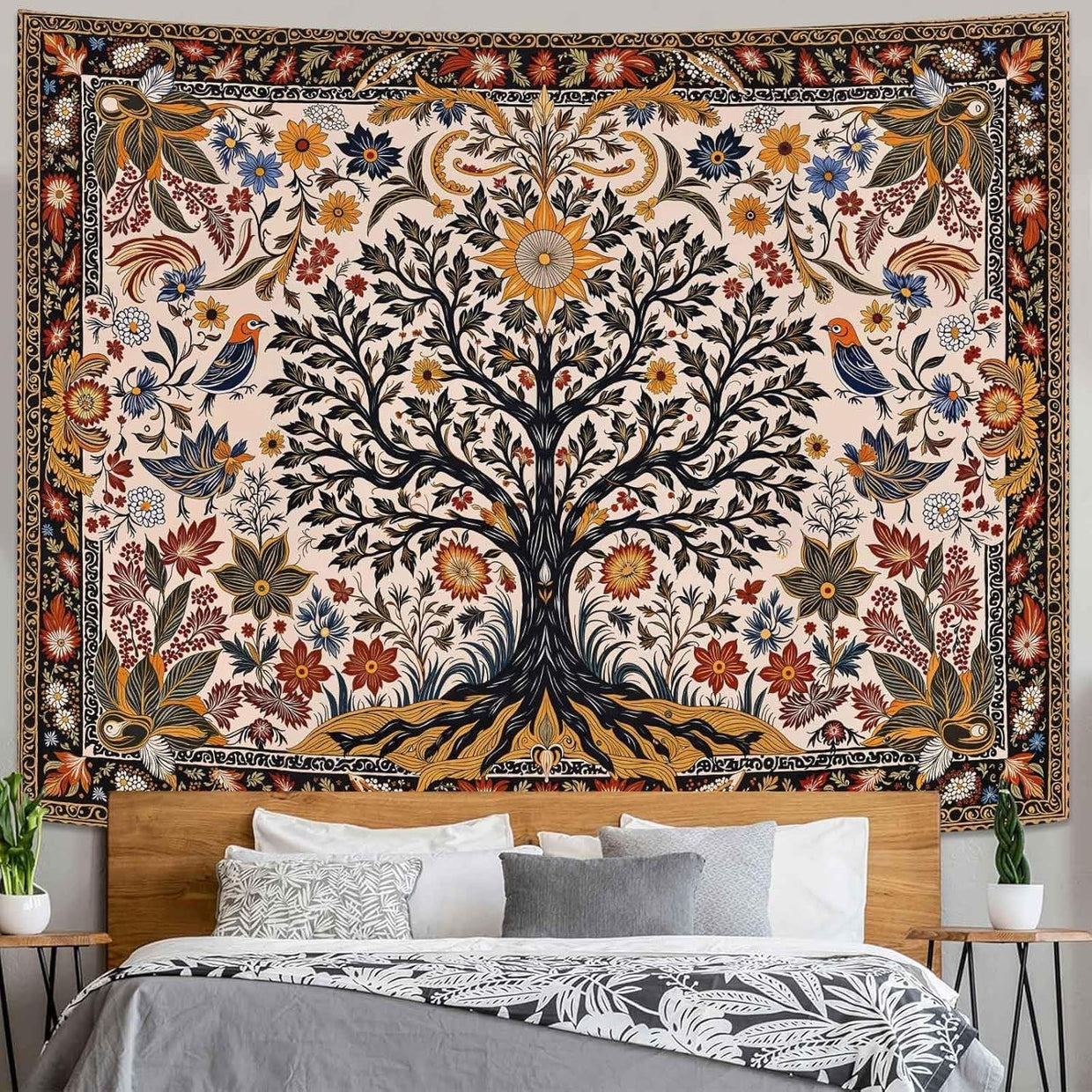 Folk Art Tree of Life Tapestry Sun & Birds Boho 80x60 - Kwikley