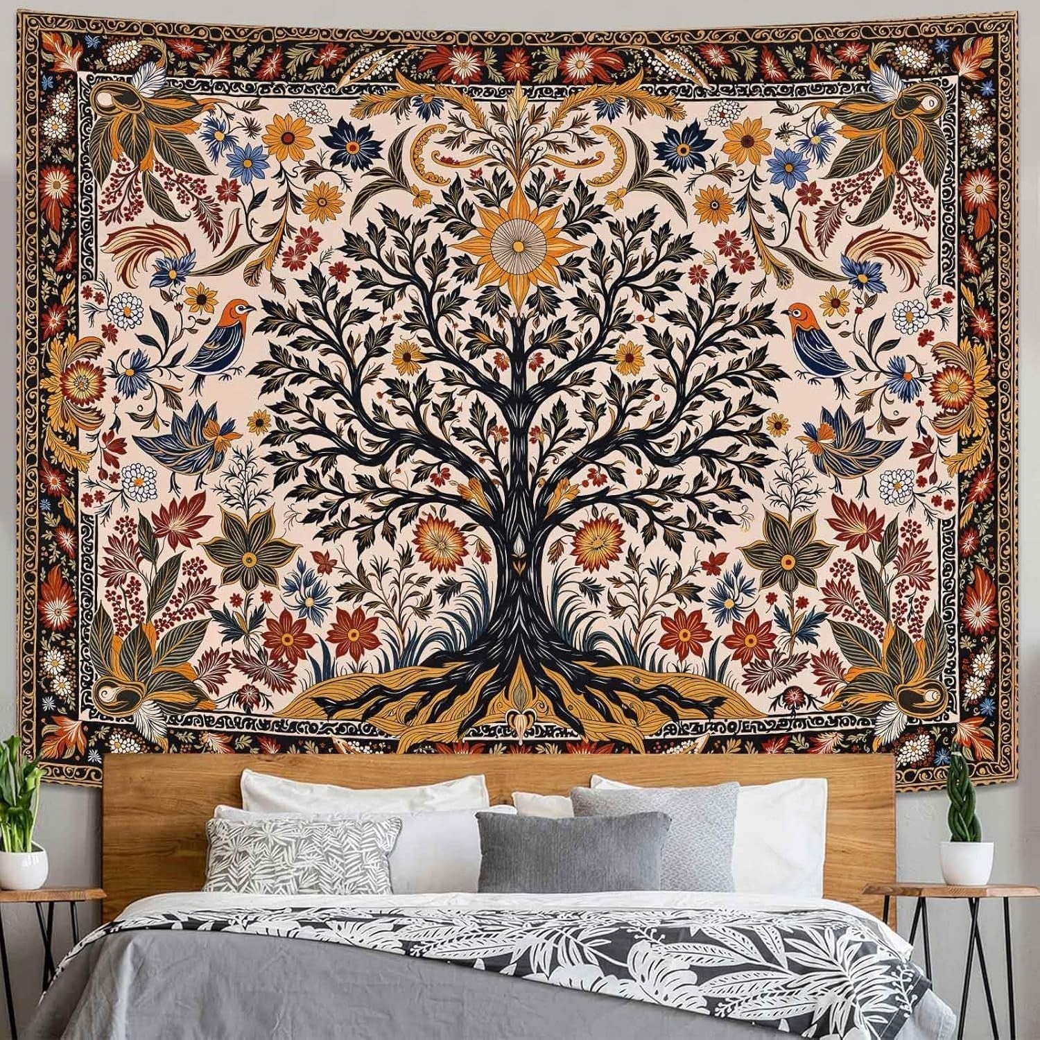 Folk Art Tree of Life Tapestry Sun & Birds Boho 80x60 - Kwikley