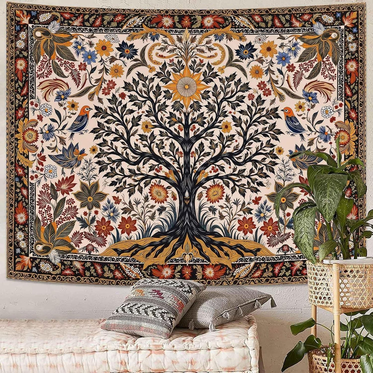 Folk Art Tree of Life Tapestry Sun & Birds Boho 80x60 - Kwikley
