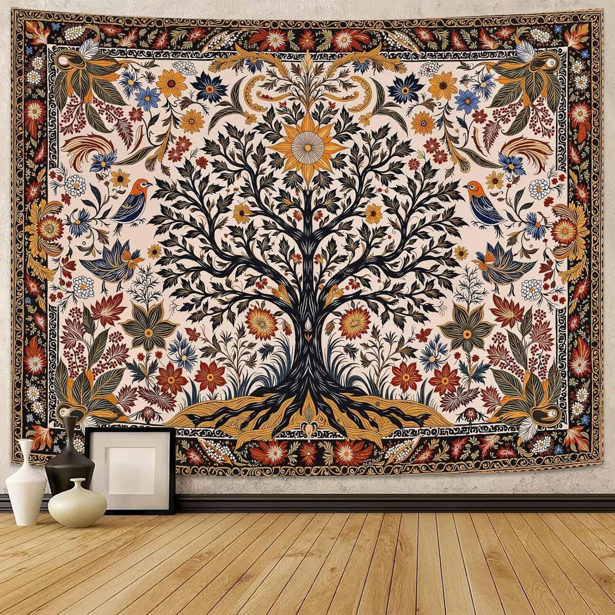 Folk Art Tree of Life Tapestry Sun & Birds Boho 80x60 - Kwikley