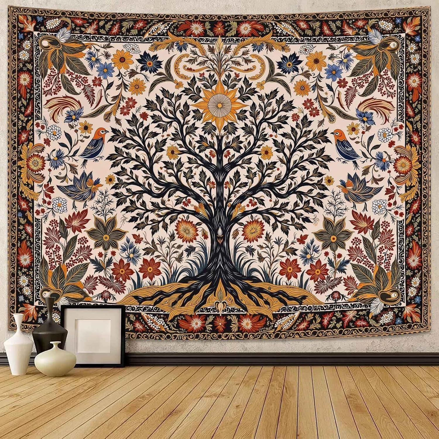 Folk Art Tree of Life Tapestry Sun & Birds Boho 80x60 - Kwikley